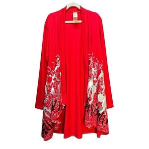 Kimono Cardigan Duster Christmas Reindeer Print‎ Red Open Front Size Small